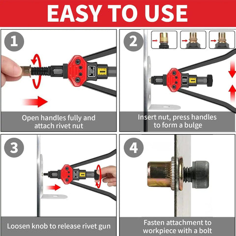 Step-by-step guide for using Rivet Nut Tool Kit 16 Inch With 15 Metric And SAE Mandrels, Rivnut Gun For Quick Tool Free Mandrel Changes.