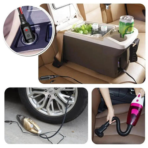 Heavy Duty 12 To 24 Volt Car Charger Cable With Dual DC Plug Sizes For Five Point Five By Two Point One Millimeter And Four Point Zero By One Point Seven Millimeter To Car Cigarette Lighter Male Plug LED Indicator Four Foot Cord And Three Amp Fuse powering car cooler and vacuum cleaner
