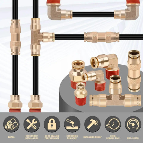 Brass DOT Air Line Fittings Kit with NPT threads, quick connect fittings, tee elbows, and push unions for semi trucks.