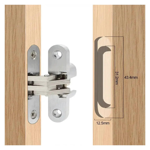 Heavy Duty Stainless Steel Hidden Door Hinges Two Pack Concealed Cross Hinge With 180 Degree Opening installed on wood