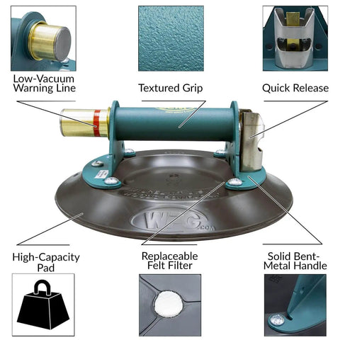9-Inch Metal Handle Suction Cup Lifter for Flat Surfaces with Red-Line Vacuum Indicator, Check Valve, and Release Valve, Pro Grade Tool.