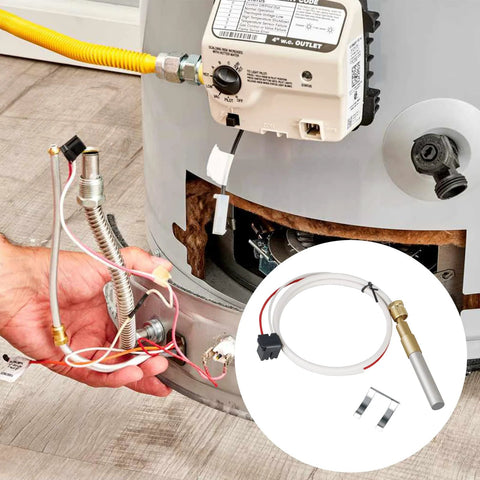 Water heater thermopile replacement kit for Rheem/Ruud/Richmond, with white wires, brass sensor probe, and mounting clip