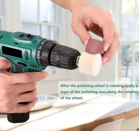 Pro Grade Drill Buffing Wheel Kit With 19 Piece Polishing Set including polishing compound applied to buffing wheel on drill.