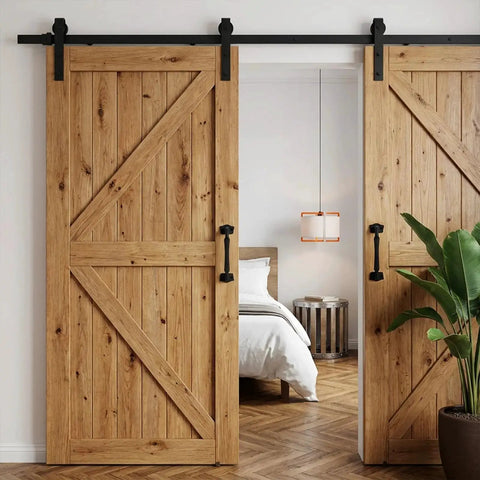 10 Inch Sliding Barn Door Handle Matte Black Cast Iron Door Pull for Fence Gate Garage Shed Closet Cabinet Pantry Installed on Wooden Barn Doors