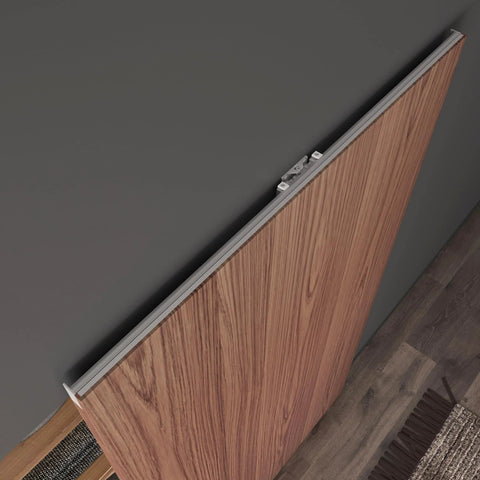 Concealed Barn Door Hardware Kit With Soft Close, Invisible Wall Mount Aluminum Track For 28 To 32 Inch Openings, installed view