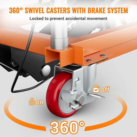 Close-up of 360° swivel caster with lock on 1100 Lbs Lift Table Cart With Locking Wheels And Non Slip Pad 28.5 In Height