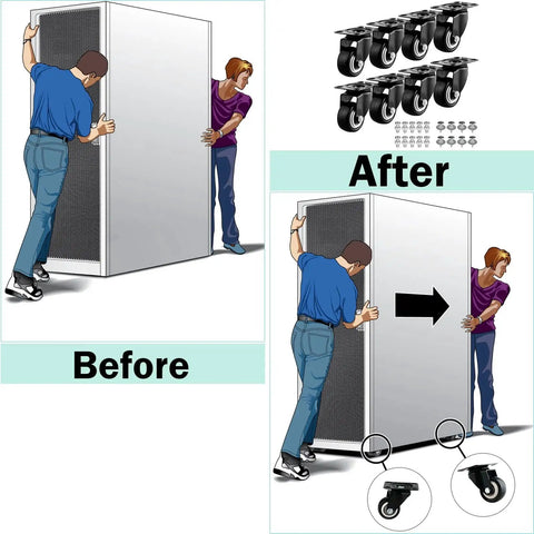Illustration showing 'before' and 'after' using Heavy Duty One And A Half Inch Caster Wheels Set Of Eight No Brake PU Wheels for moving furniture.