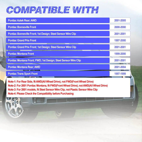 Compatibility chart for Front Wheel Hub Bearing Assembly with ABS - Single Unit Fits Impala, Monte Carlo, Uplander, Aurora, and GM models.
