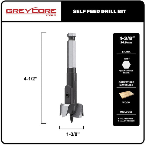 Pro Grade Self-Feed Drill Bit For Woodworking, 1-3/8 Inch, Single-Cutter Boring Bit With Aggressive Feed Screw Thread For Fast, Smooth Drilling - Greycore Tools