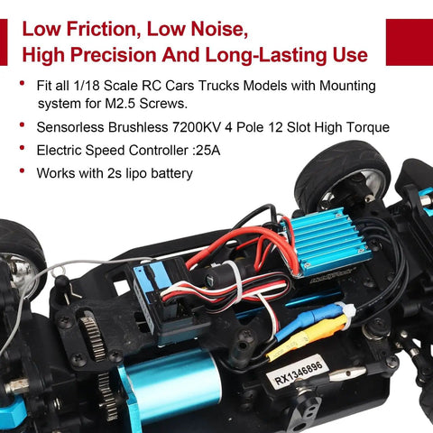 Beefed-Up 2430 7200KV Brushless Motor And 25A ESC Combo installed in a 1/18 scale RC car showing wiring and components