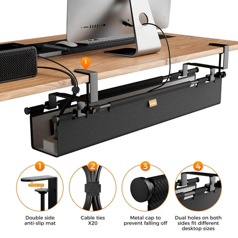38 Inch Under Desk Cable Management Tray With Clamp And Screw Mount No Drill Setup for office and home, installed under wooden desk.