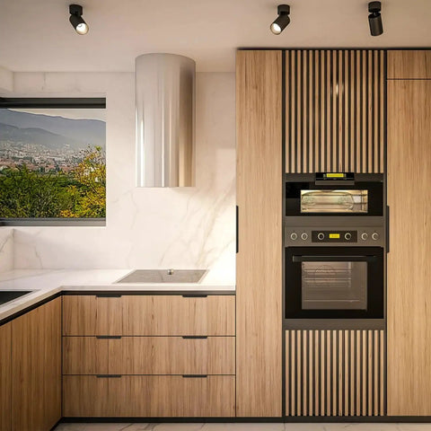 Modern kitchen with wood cabinets featuring 10 Pack Finger Edge Pulls For Cabinets With 76mm Hole Center And 102mm Overall Length Matte Black Concealed Handles, showcasing sleek look.