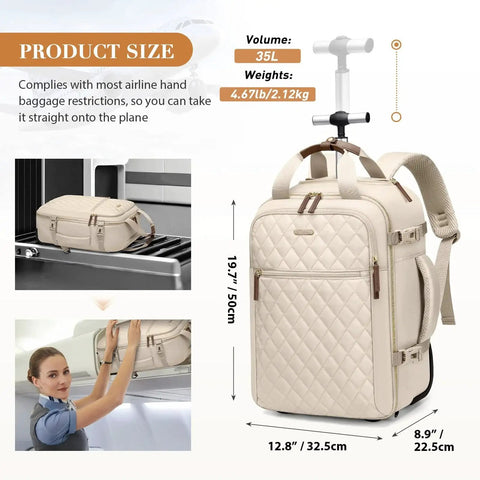 Rolling Laptop Backpack For Women With Wheels Apricot Travel Carry On Backpack Fits 17 Inch Laptops 35L Main Compartment