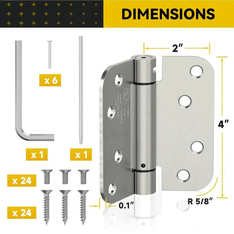 3 Pack Self Closing Door Hinges 4 Inch Spring Loaded For Garage Front Back Doors Left Or Right Hand Adjustable Tension Five Eighth Inch Radius Corners UL Listed Brushed Nickel Durable Construction with screws and tools shown