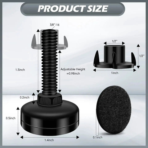 Heavy Duty Adjustable Furniture Leveling Feet Set Ten Pack With T Nut Kit Three Eighths Inch Sixteen Thread Leg Levelers size diagram