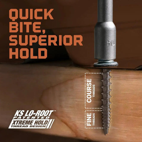 Close-up of Micro Bit ZXL WoodBinder Self Drilling Screws for Metal to Wood showing fine and course threads, ideal for metal roofing