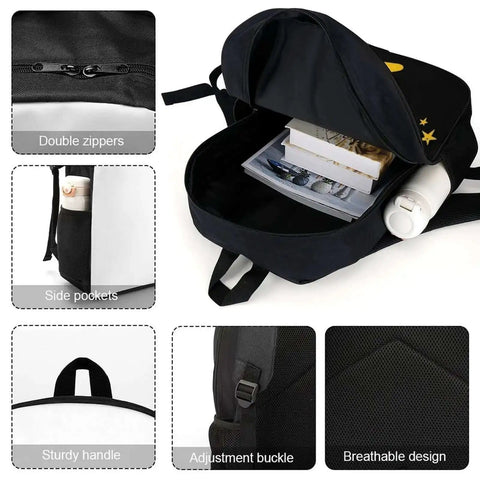 Cool Banana Style Backpack For Men And Women Go To Everyday Travel And Hiking 17 Inch Capacity with open main compartment and features like double zippers and side pockets visible.