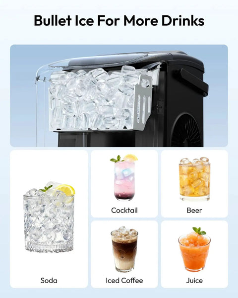 Portable Countertop Ice Maker With Handle 26 Lbs Daily Output 6 Minute Ice Cubes showing ice and drinks like soda, cocktail, and coffee.