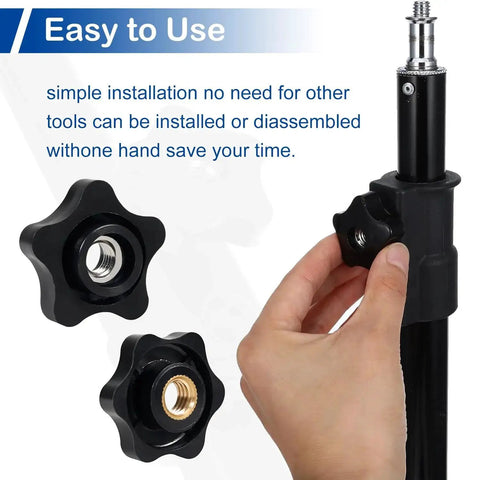 Hand demonstrating easy attachment of 7 Pcs 5/16-18 Thread Knob Nuts Black Star Knobs For Jigs T Track Bolts on pole.
