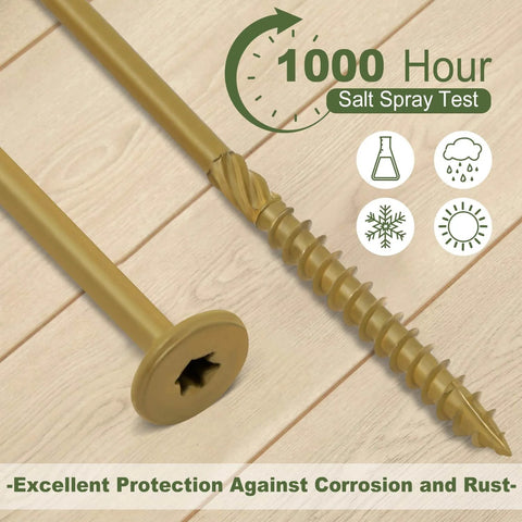Close-up of Heavy-Duty Lag Screws 14 X 4-1/2 Inch, 50-Pcs Outdoor Structural Wood Screws with Flat Heads, Rust-Resistant Bronze Coated