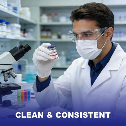 Reconstitution solution 5 ml glass vial with blue cap held by scientist in lab