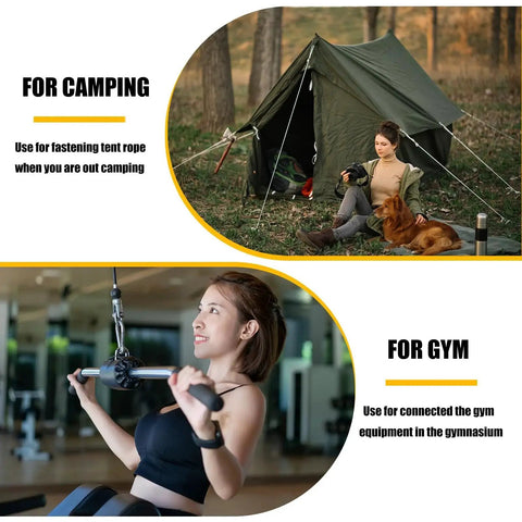 Image showing a woman camping with a tent and a dog, and another woman exercising in a gym to illustrate product use.