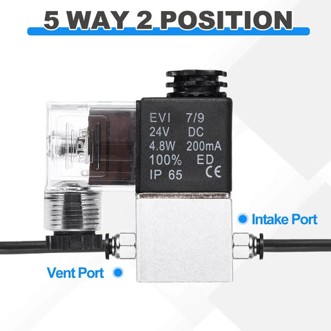 Dope Pneumatic Solenoid Valve For CNC Machines And Industrial Gear, 5 way, 24V DC, showing intake and vent ports, IP65 rated.