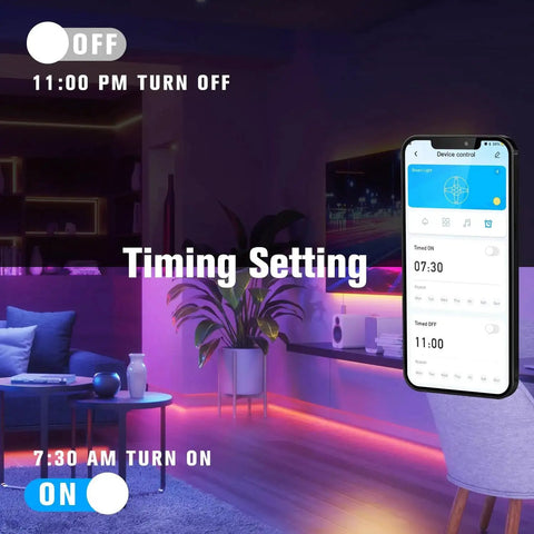 Living room with 130Ft RGB LED Strip Lights With App And IR Remote Music Sync 24V Power Supply visibly installed under cabinet, app control on smartphone displayed.