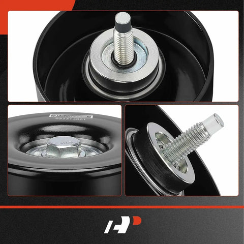 Belt Idler Pulley For GM Vehicles Including Chevy Silverado Suburban Express GMC Sierra Yukon Escalade Cadillac Buick Hummer Isuzu Saab Workhorse And Workhorse Custom Chassis A-Premium Quality Replacement Part For Smooth Belt Tension And Long Lasting showing close-up of metal components.
