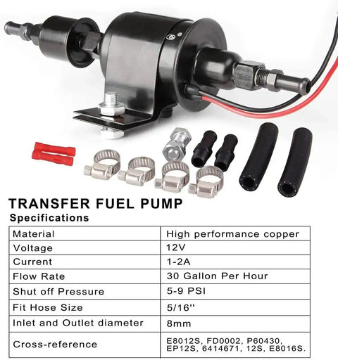 12V Universal Electric Fuel Pump With 5 To 9 PSI Output And 30 GPH Flow For Gasoline And Diesel Transfer Five Sixteenth Inch Inlet And Outlet