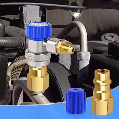 Boltigen piercing valve for refrigerator; blue cap, silver body, brass side adapter, line tap for R12-R134a retrofit