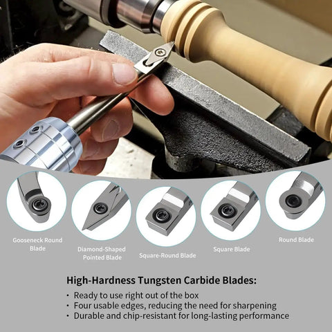 Pro Grade All In One Carbide Wood Lathe Tools Set in use, showing carbide tip shaping wooden spindle on lathe.