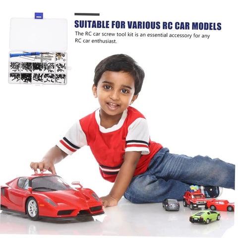 Child playing with RC cars with RC Car Screw Tool Kit With Compact Case Includes Nuts Bolts And Tools For Various Models Essential Maintenance Set With Durable Iron Fasteners And Metric Screw Assortment For DIY Repairs in the background.