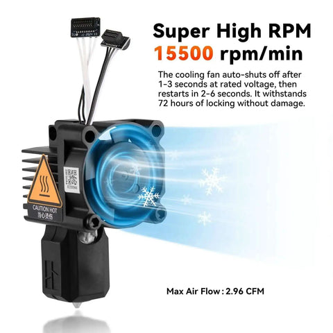 Cooling fan for P1P And P1S Hotend Kit For P1 Series 3D Printer, Hardened Steel Hot End, 15500 RPM, auto-shutoff with airflow details