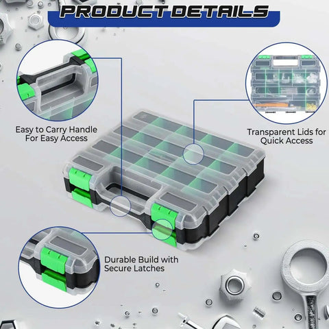 Two Pack 34 Compartment Double Sided Parts Organizer Case All In One For Hardware Screws Bolts Nails Nuts Beads Jewelry Craft Supplies And Fishing Gear Durable Plastic Storage Box Green with transparent lids and carry handle.