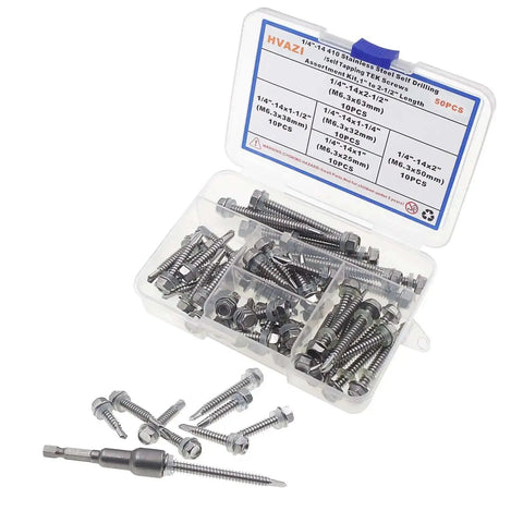 Self Drilling TEK Screws Kit For Metals In 410 Stainless Steel With Hex Head M6.3 Threads 14 TPI in assorted lengths in box