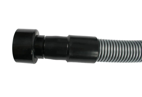 Close-up of 30 Ft Go-To Premium Shop Vacuum Extension Hose With 2 Tank Adapters And 1.25 Inch Curved End in silver.