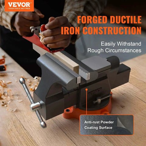 Versatile 6 Inch Bench Vise With 360 Degree Swivel And Anvil VEVOR Heavy Duty Ductile Iron Workbench Vise for drilling on a workbench