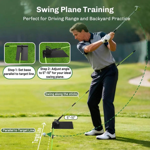 Man using Upgraded Golf Alignment Stick Holder With Anti Tip Base And Front Iron Weights For Rock Solid Stability Swing Plane Trainer