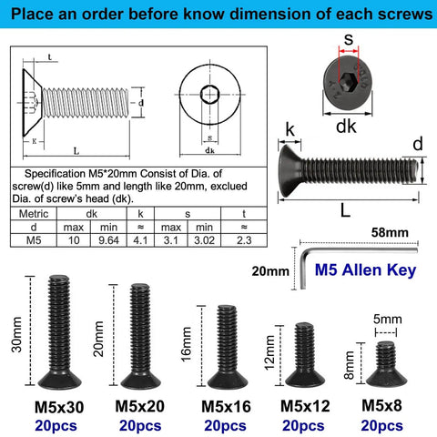 Flat Head Hex Socket Cap Screws Set M5 8 12 16 20 30mm Fully Threaded Rugged Black Oxide Alloy Steel Grade 10.9 CSK Allen Head Machine Screws With Hex Key HanTof dimensions and specifications chart.