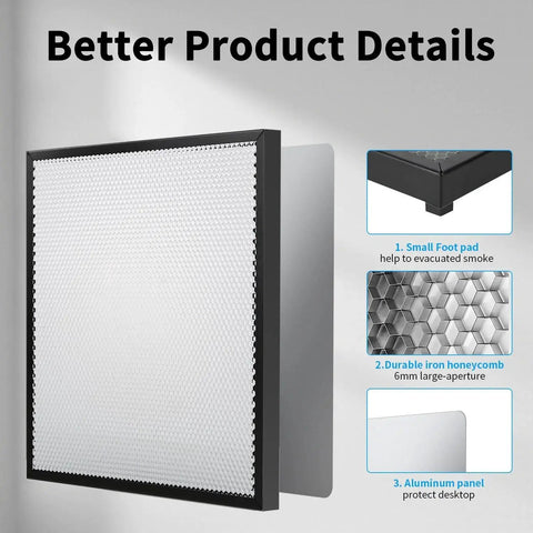 Honeycomb Working Table Set 320x320mm For Laser Cutters And Engravers With Steel Sheet And 12 Riser Blocks shown with details