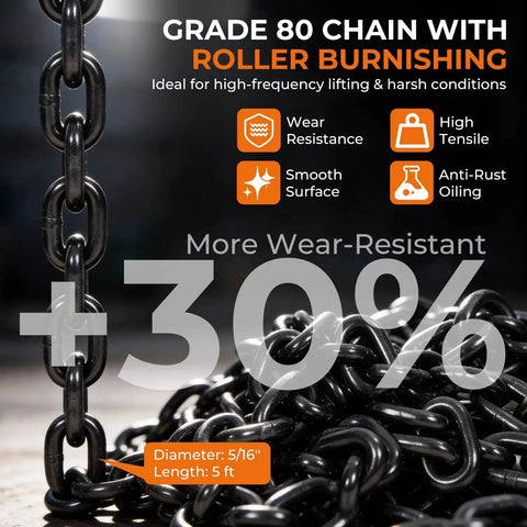 BEAMNOVA lifting chain with hooks, 5/16 in diameter, 5 ft long, heavy-duty steel chain sling