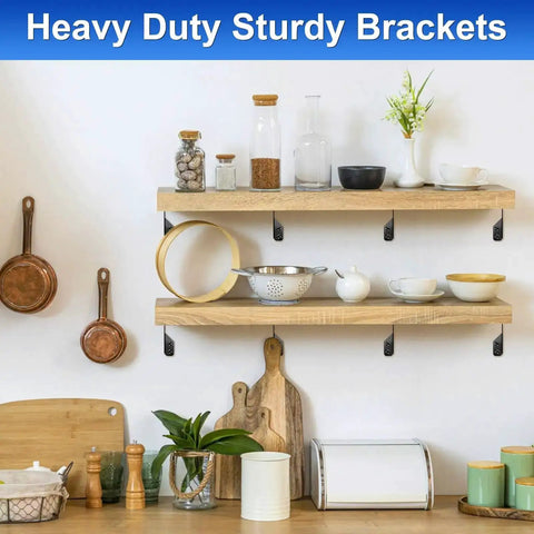 Heavy Duty Wood Corner Brackets With 150 Screws 25 Piece Set installed on wooden shelves holding kitchen items