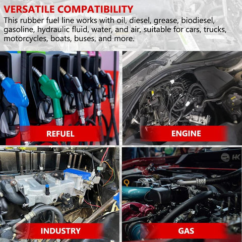 Byredio 3/4 push-on rubber fuel hose collage showing refuel pump, engine bay, industrial engine, and gas scene.
