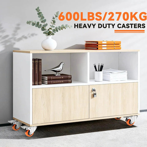 Heavy Duty 2 Inch Plate Caster Wheels Set of 4 With Dual Locking Brakes and Quiet Operation 600 Lb Total Capacity installed on cabinet