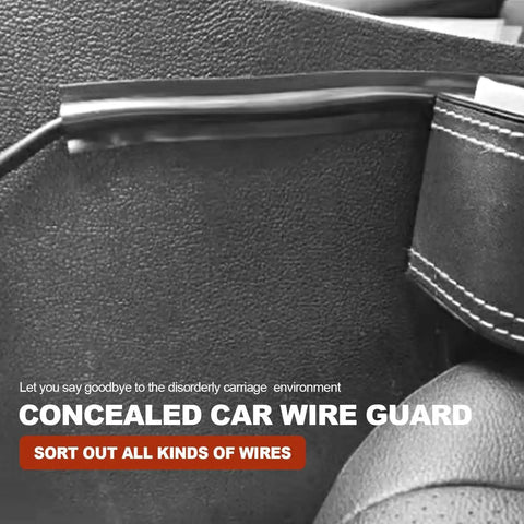 Close-up of car cable concealer sleeve kit installation, showing flexible PVC wire sleeve and adhesive covers for hidden wiring.