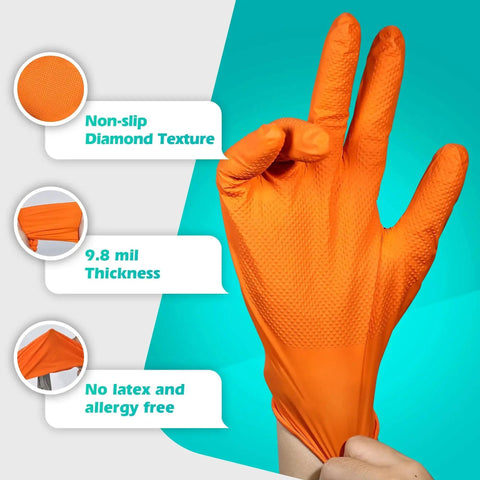 Industrial Nitrile Gloves Heavy Duty Diamond Textured Orange XL 100 Count shown with non-slip texture and 9.8 mil thickness