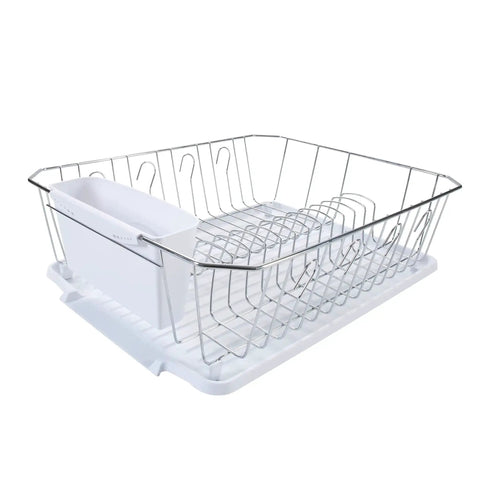 3 Piece Dish Rack Set With Cutlery Basket And Drainboard Tray Self Draining Open Wire Countertop Drying Rack In Chrome White