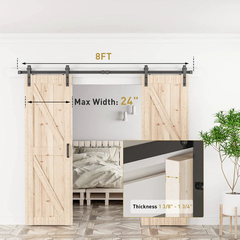 Eight Foot Double Barn Door Hardware Kit With Silent Sliding Rails For Kitchen Bedroom Garage And Closets Fits 24 Inch Wide Door Panels Heavy Duty Carbon Steel Track System Delivers Smooth Quiet Open And Close Easy To Install shown installed with wooden doors.