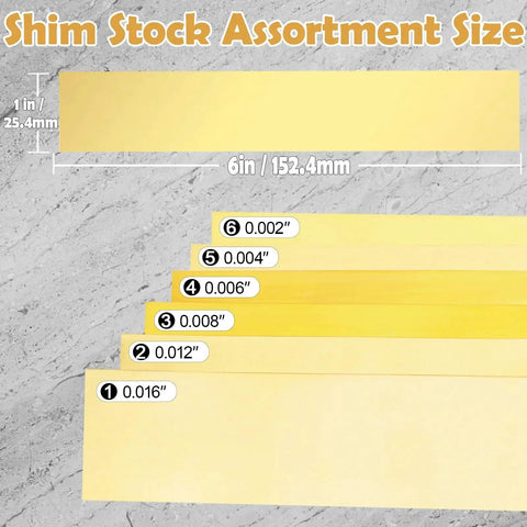 Brass Shim Stock Assortment 1 Inch By 6 Inch 6 Pieces With Thicknesses 0.002 0.004 0.006 0.008 0.012 0.016 Inches displayed
